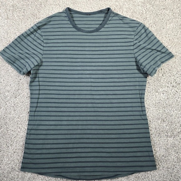 Lululemon Shirt Mens Small Green Striped Short Sleeve Pullover Stretch Active - Picture 1 of 8